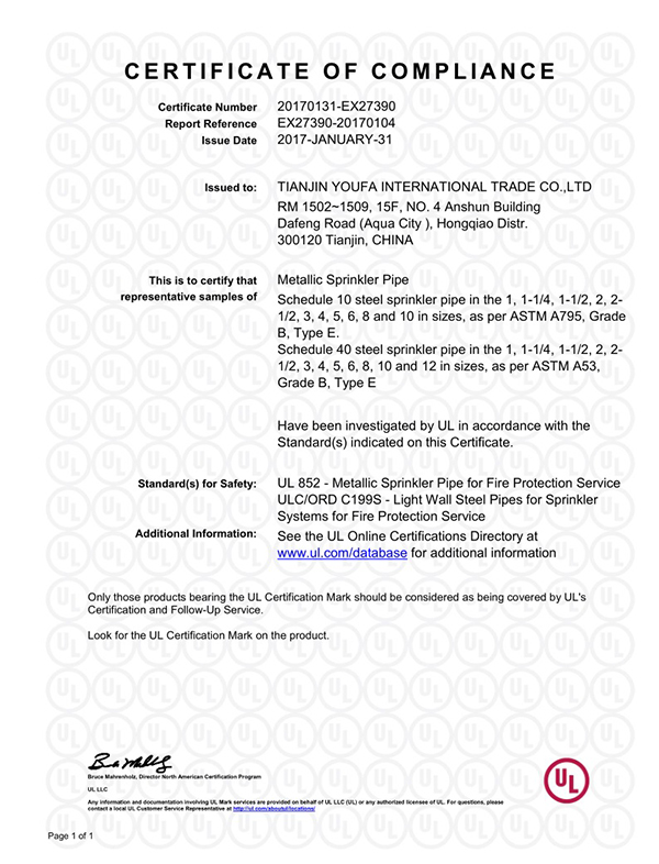 Ul Certificates For Fire Sprinkler Pipe